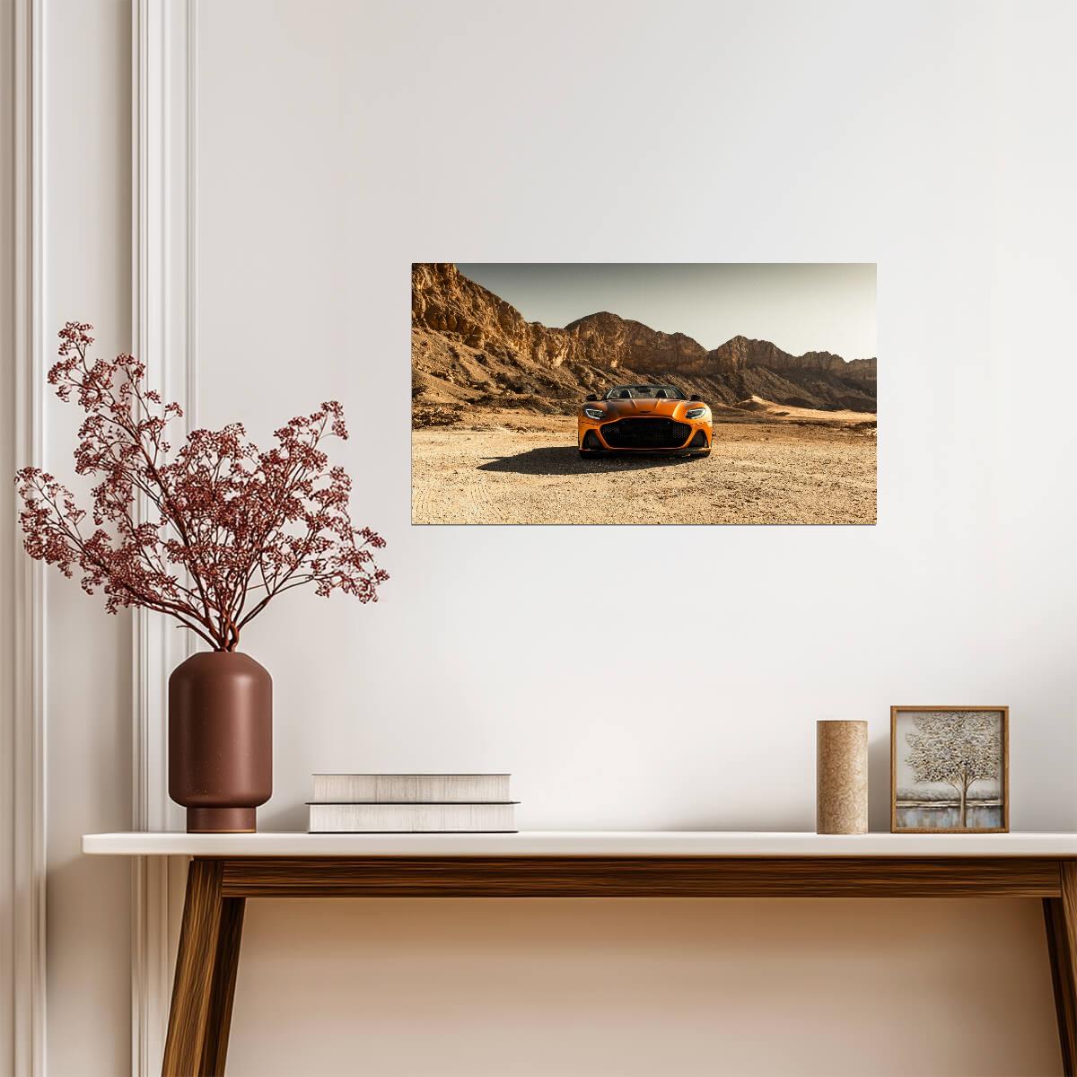Aston Martin DBS Superleggera Volante | Orange Super GT Poster | British Convertible in Desert - Cars Poster