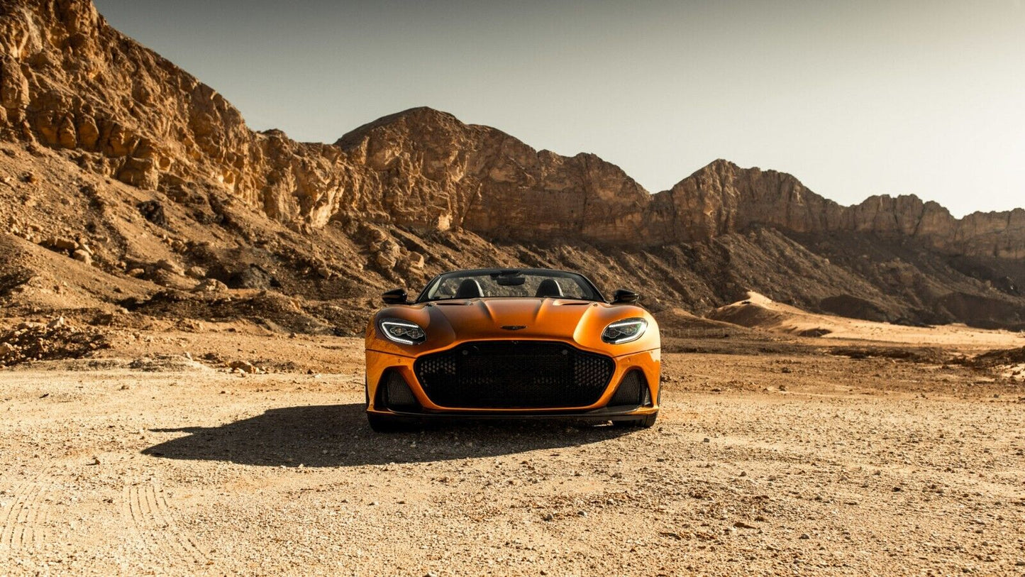 Aston Martin DBS Superleggera Volante | Orange Super GT Poster | British Convertible in Desert - Cars Poster