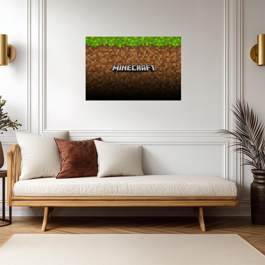 Minecraft Logo on Grass & Dirt Block | Minimalist Game Poster | Pixel Art Wall Decor - Video Games Poster