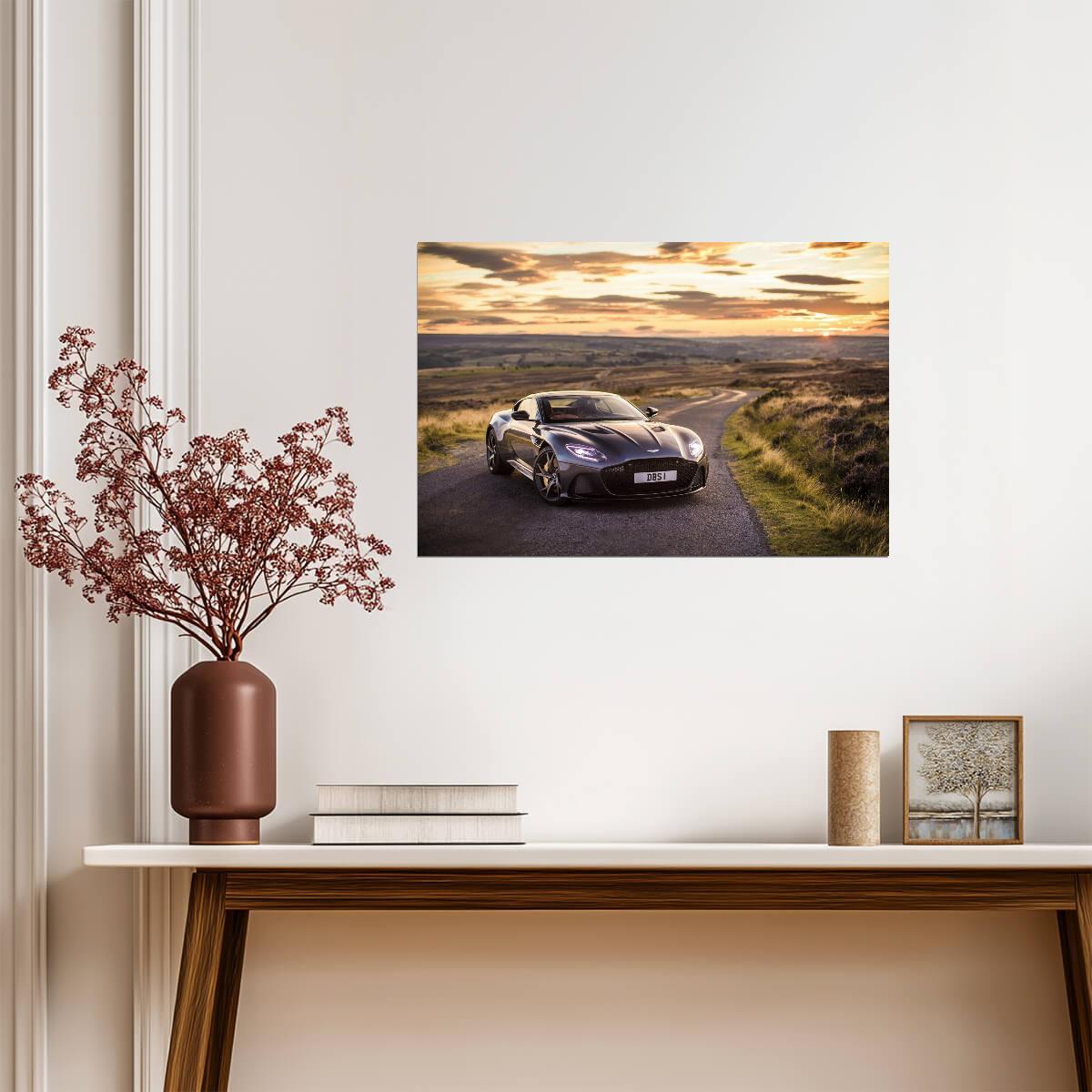 Aston Martin DBS Superleggera Coupe | Grey British Super GT Poster | Luxury Sports Car at Sunset - Cars Poster