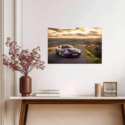 Aston Martin DBS Superleggera Coupe | Grey British Super GT Poster | Luxury Sports Car at Sunset - Cars Poster