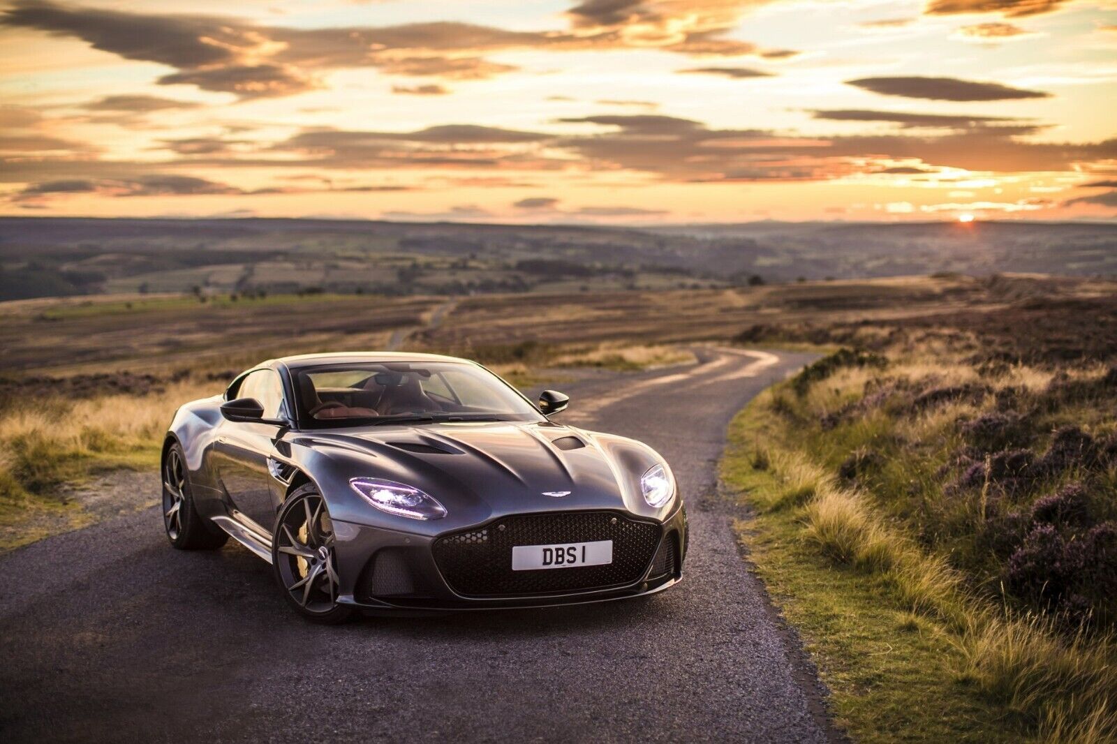 Aston Martin DBS Superleggera Coupe | Grey British Super GT Poster | Luxury Sports Car at Sunset - Cars Poster