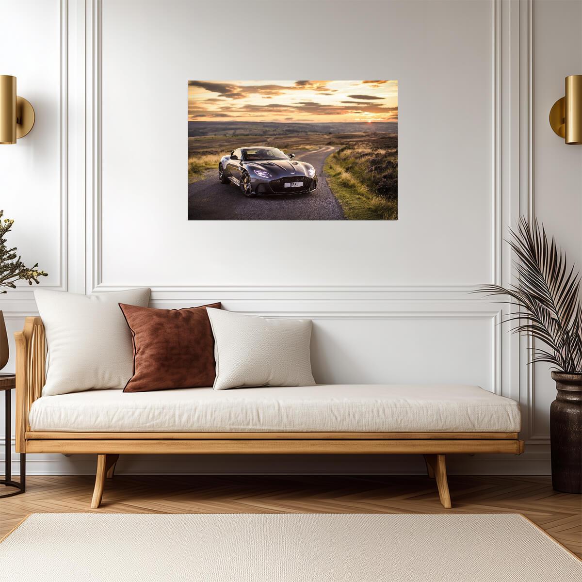 Aston Martin DBS Superleggera Coupe | Grey British Super GT Poster | Luxury Sports Car at Sunset - Cars Poster