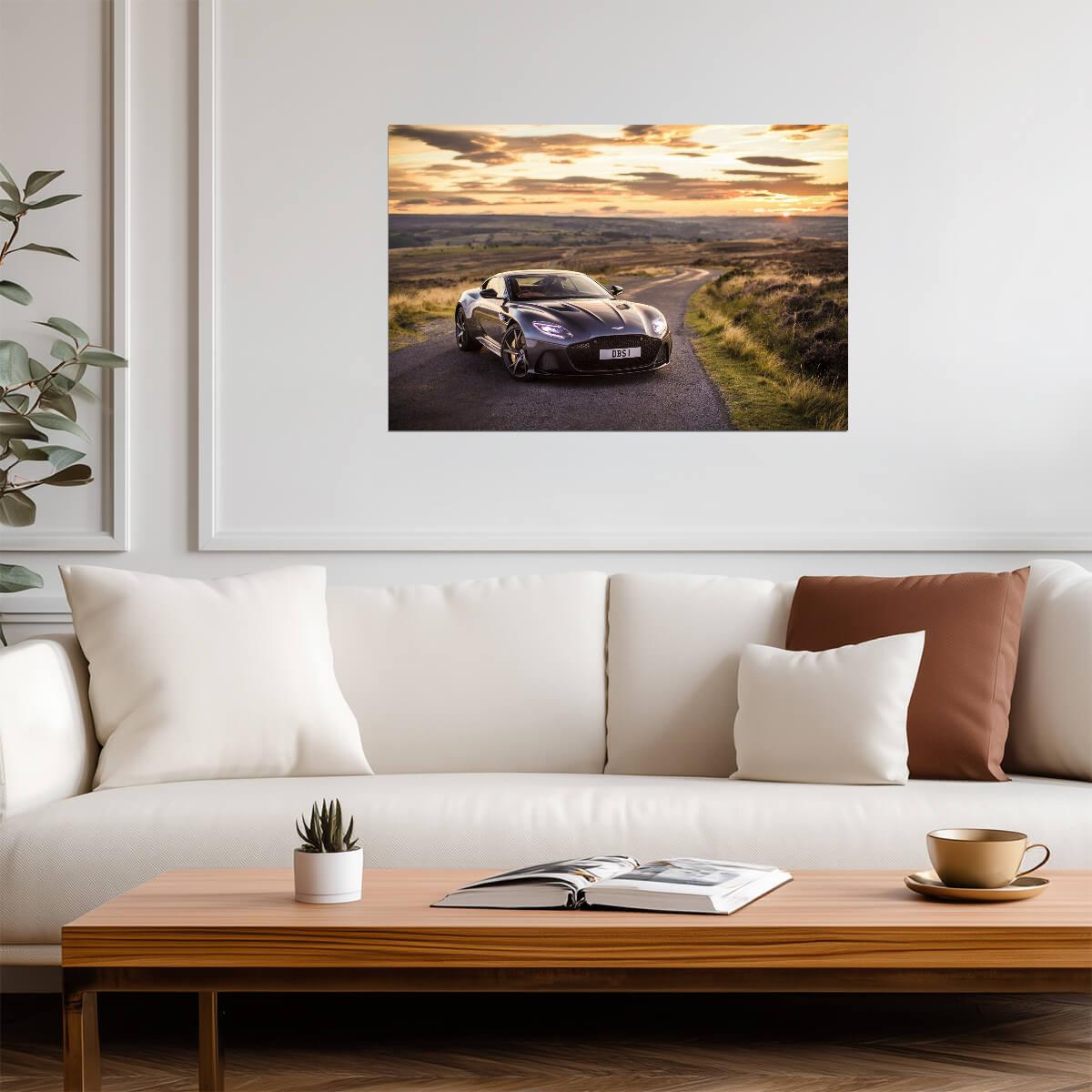 Aston Martin DBS Superleggera Coupe | Grey British Super GT Poster | Luxury Sports Car at Sunset - Cars Poster