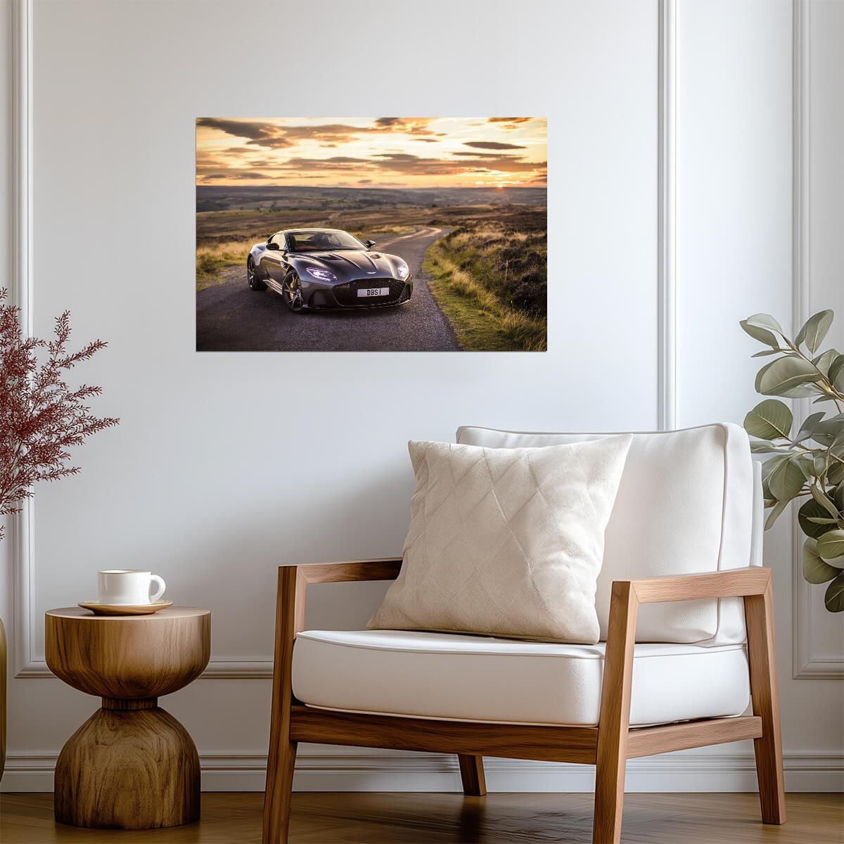 Aston Martin DBS Superleggera Coupe | Grey British Super GT Poster | Luxury Sports Car at Sunset - Cars Poster