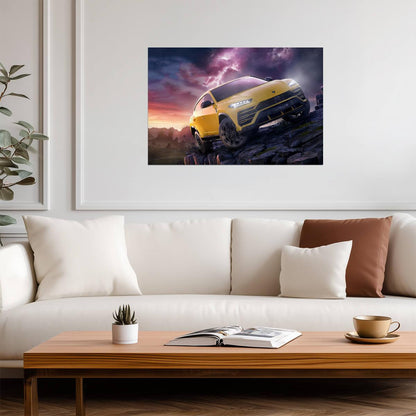 Lamborghini Urus | Yellow Off-Road SUV Poster | Super SUV in Stormy Landscape Art - Cars Poster