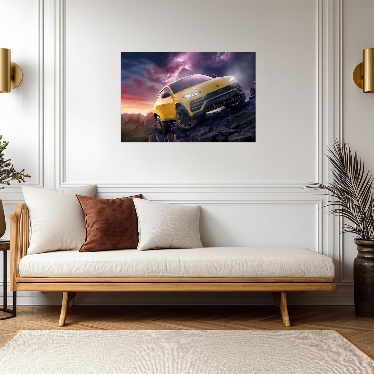 Lamborghini Urus | Yellow Off-Road SUV Poster | Super SUV in Stormy Landscape Art - Cars Poster