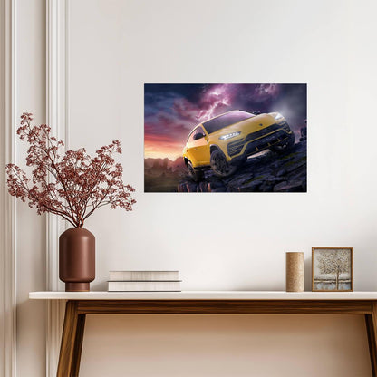 Lamborghini Urus | Yellow Off-Road SUV Poster | Super SUV in Stormy Landscape Art - Cars Poster
