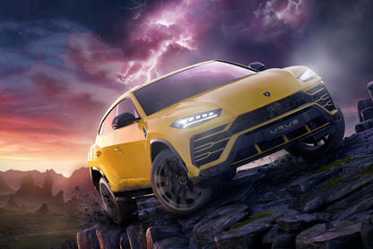 Lamborghini Urus | Yellow Off-Road SUV Poster | Super SUV in Stormy Landscape Art - Cars Poster