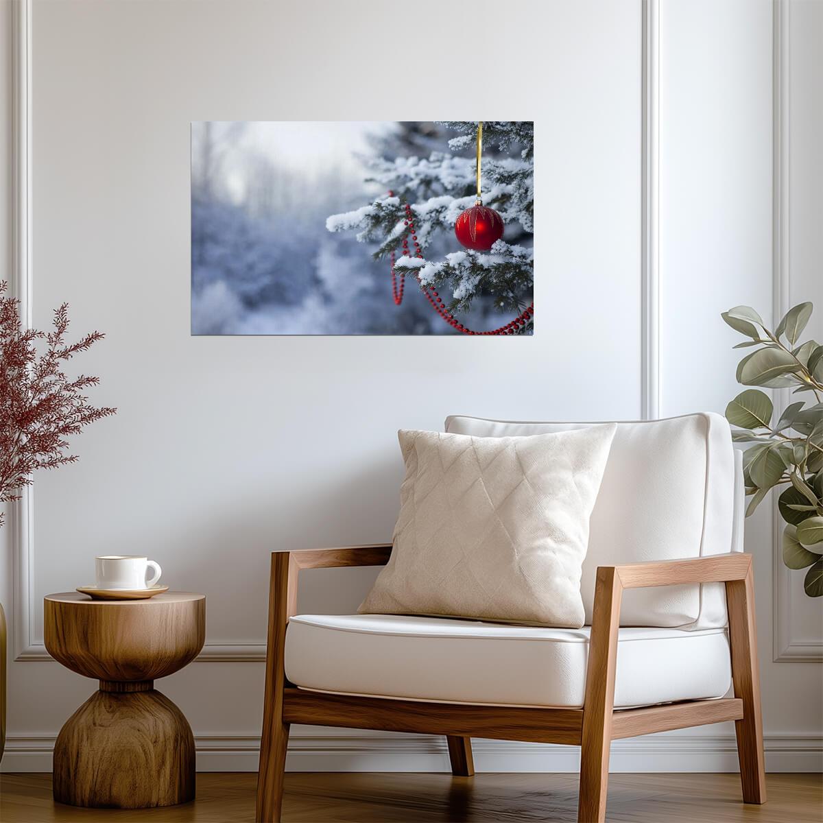 Red Christmas Ornament on Snowy Pine Branch | Winter Forest Photography | Festive Holiday Decor Poster - Photography Poster