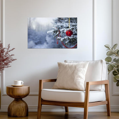 Red Christmas Ornament on Snowy Pine Branch | Winter Forest Photography | Festive Holiday Decor Poster - Photography Poster