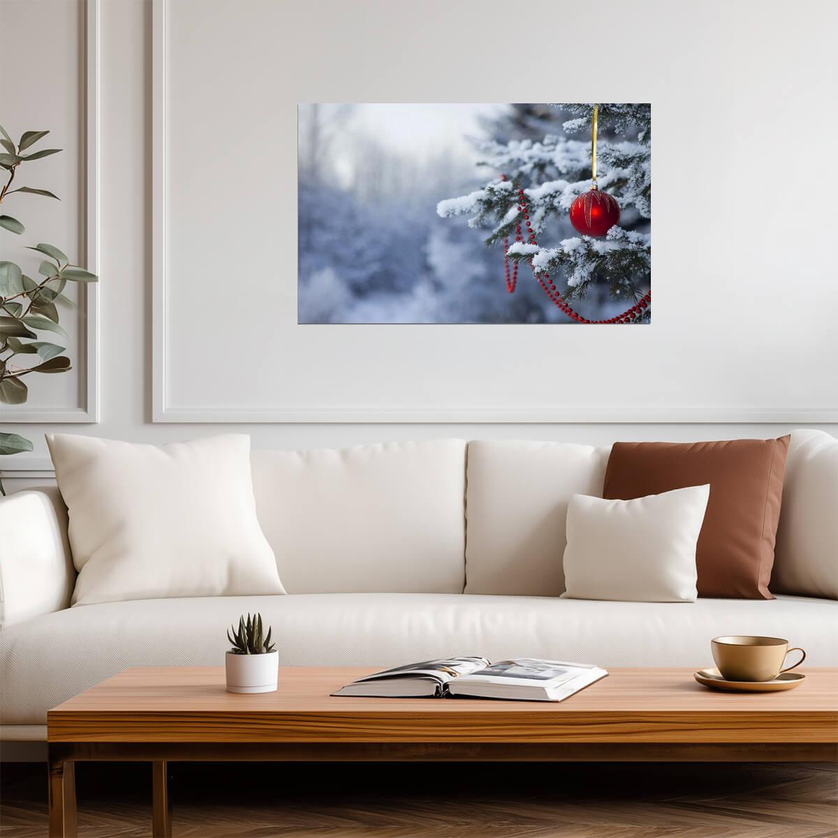 Red Christmas Ornament on Snowy Pine Branch | Winter Forest Photography | Festive Holiday Decor Poster - Photography Poster