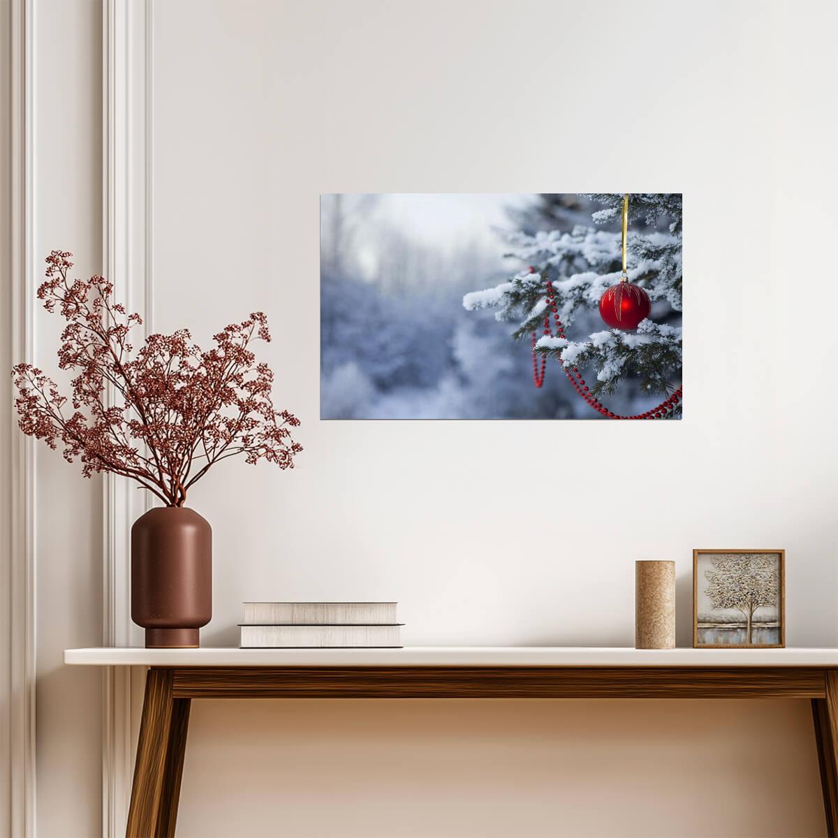 Red Christmas Ornament on Snowy Pine Branch | Winter Forest Photography | Festive Holiday Decor Poster - Photography Poster