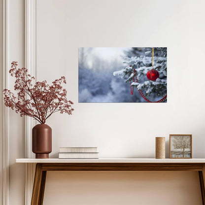 Red Christmas Ornament on Snowy Pine Branch | Winter Forest Photography | Festive Holiday Decor Poster - Photography Poster