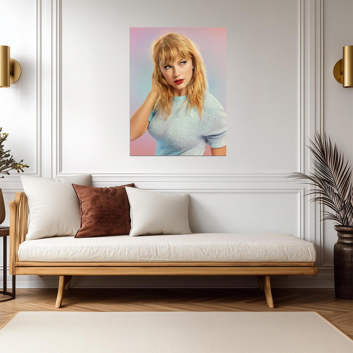 Taylor Swift Blue Sweater Red Lips | Music Star Poster | Lover Era Wall Art - Music Poster
