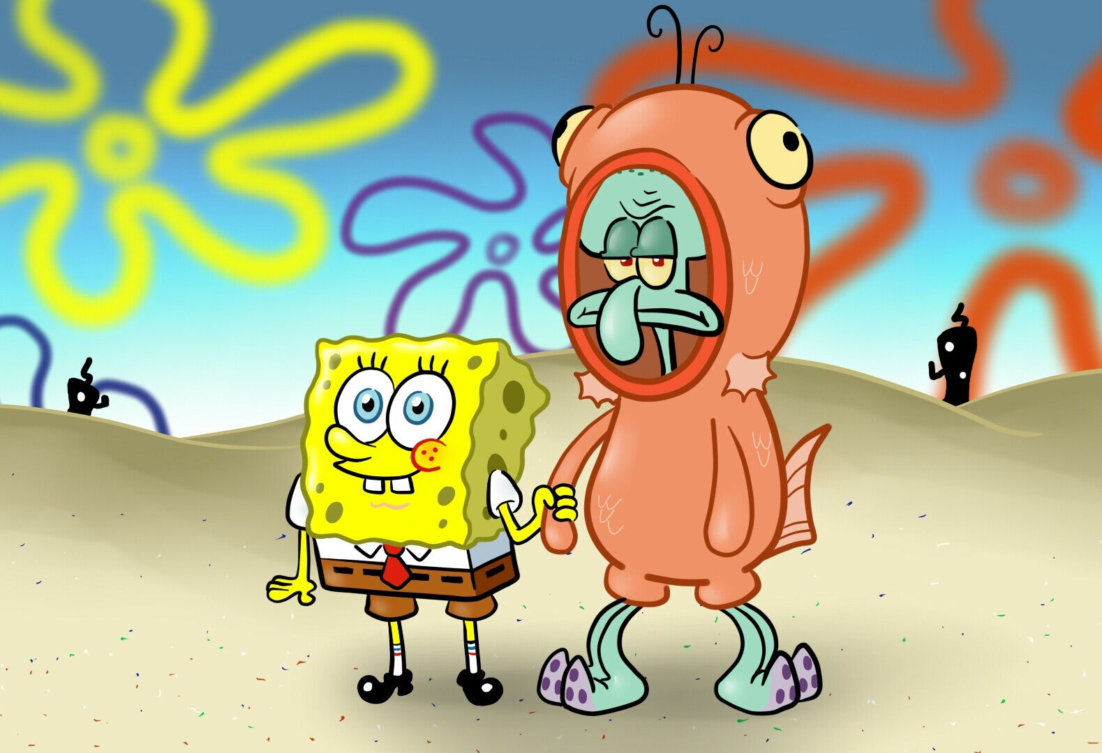 Spongebob Squarepants & Squidward in Salmon Suit | Funny Cartoon Scene Poster | TV Show Wall Art - Movies & TV Poster