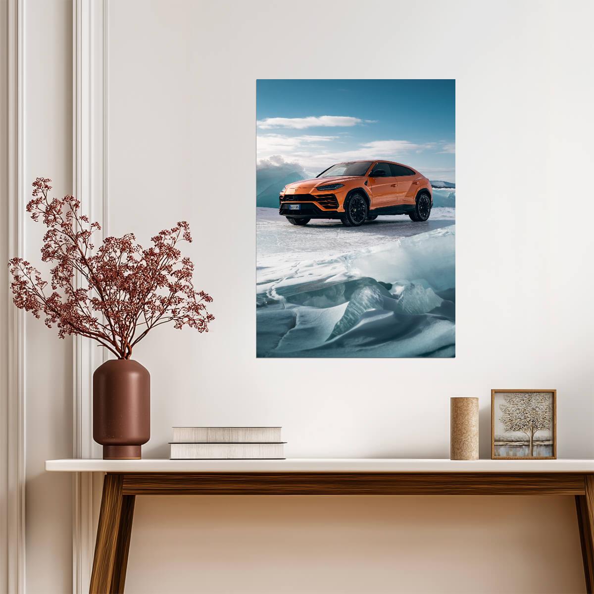 Lamborghini Urus Pearl Capsule | Orange Luxury SUV Poster | Super SUV on Frozen Lake Baikal - Cars Poster