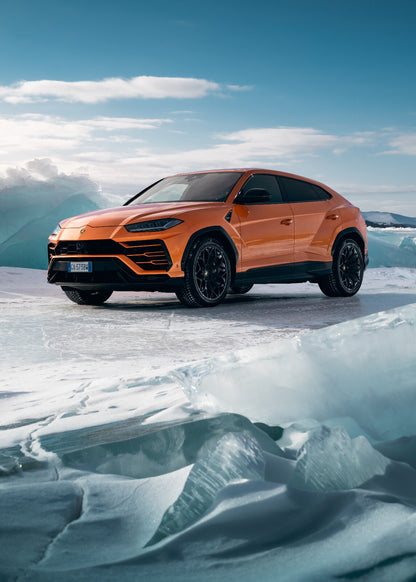 Lamborghini Urus Pearl Capsule | Orange Luxury SUV Poster | Super SUV on Frozen Lake Baikal - Cars Poster