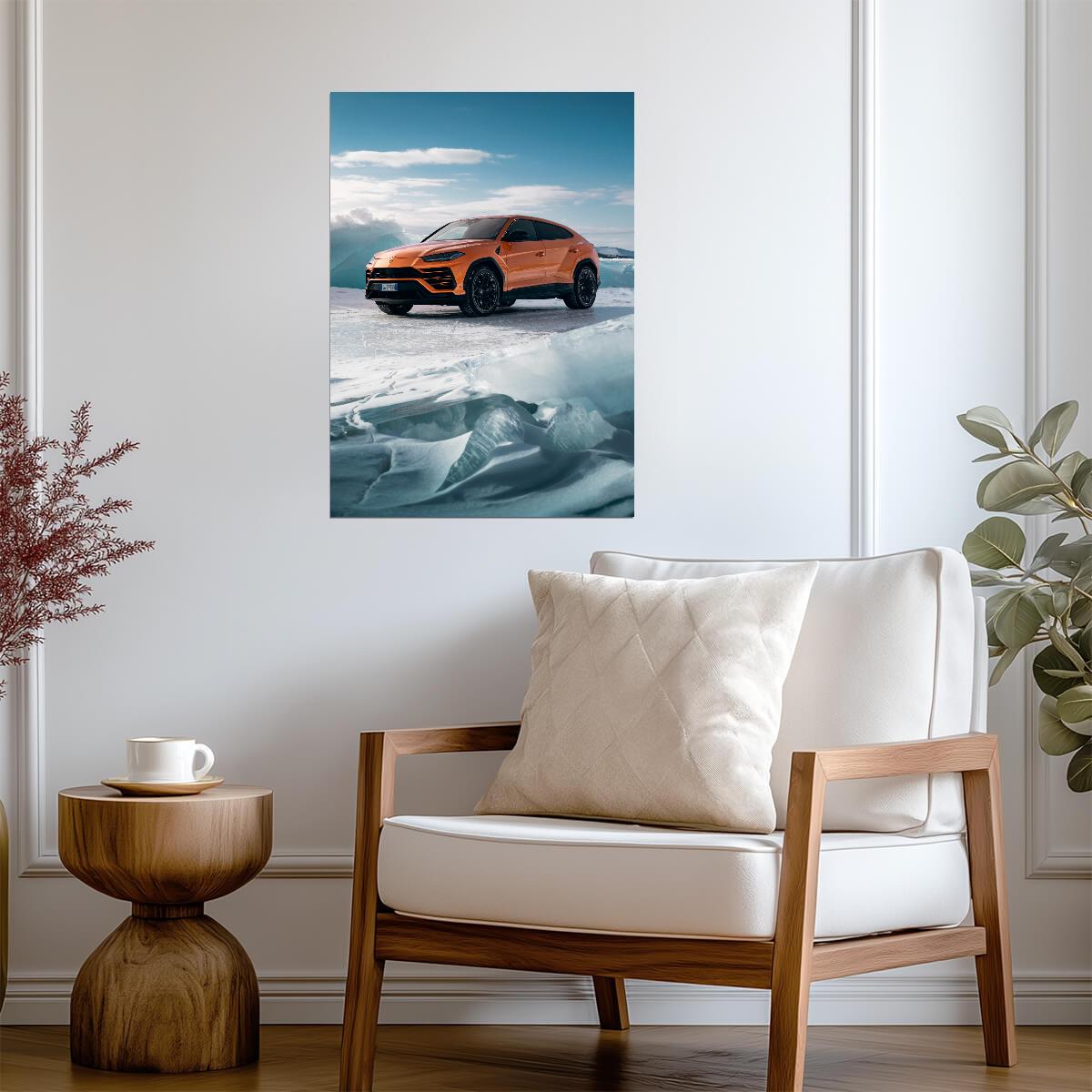 Lamborghini Urus Pearl Capsule | Orange Luxury SUV Poster | Super SUV on Frozen Lake Baikal - Cars Poster