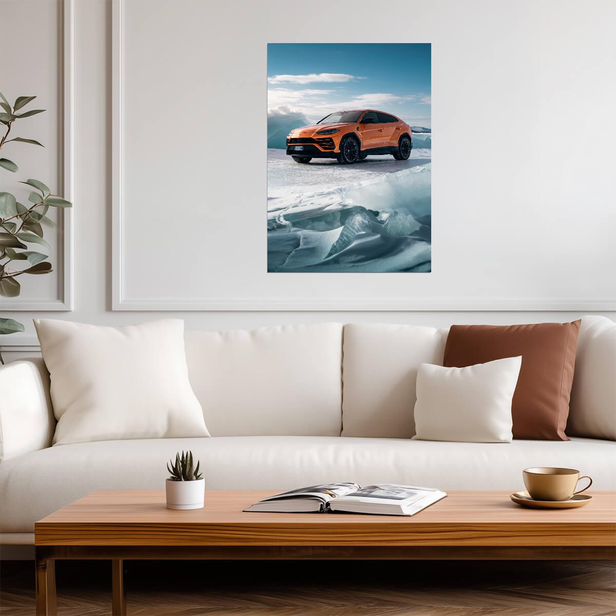 Lamborghini Urus Pearl Capsule | Orange Luxury SUV Poster | Super SUV on Frozen Lake Baikal - Cars Poster