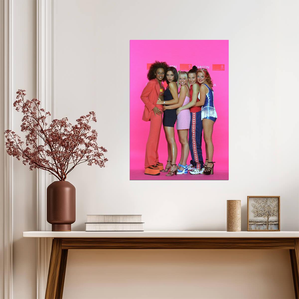 Spice Girls 90s Fashion Photoshoot | Classic Pop Group Poster | Pink Background Vintage Print - Music Poster