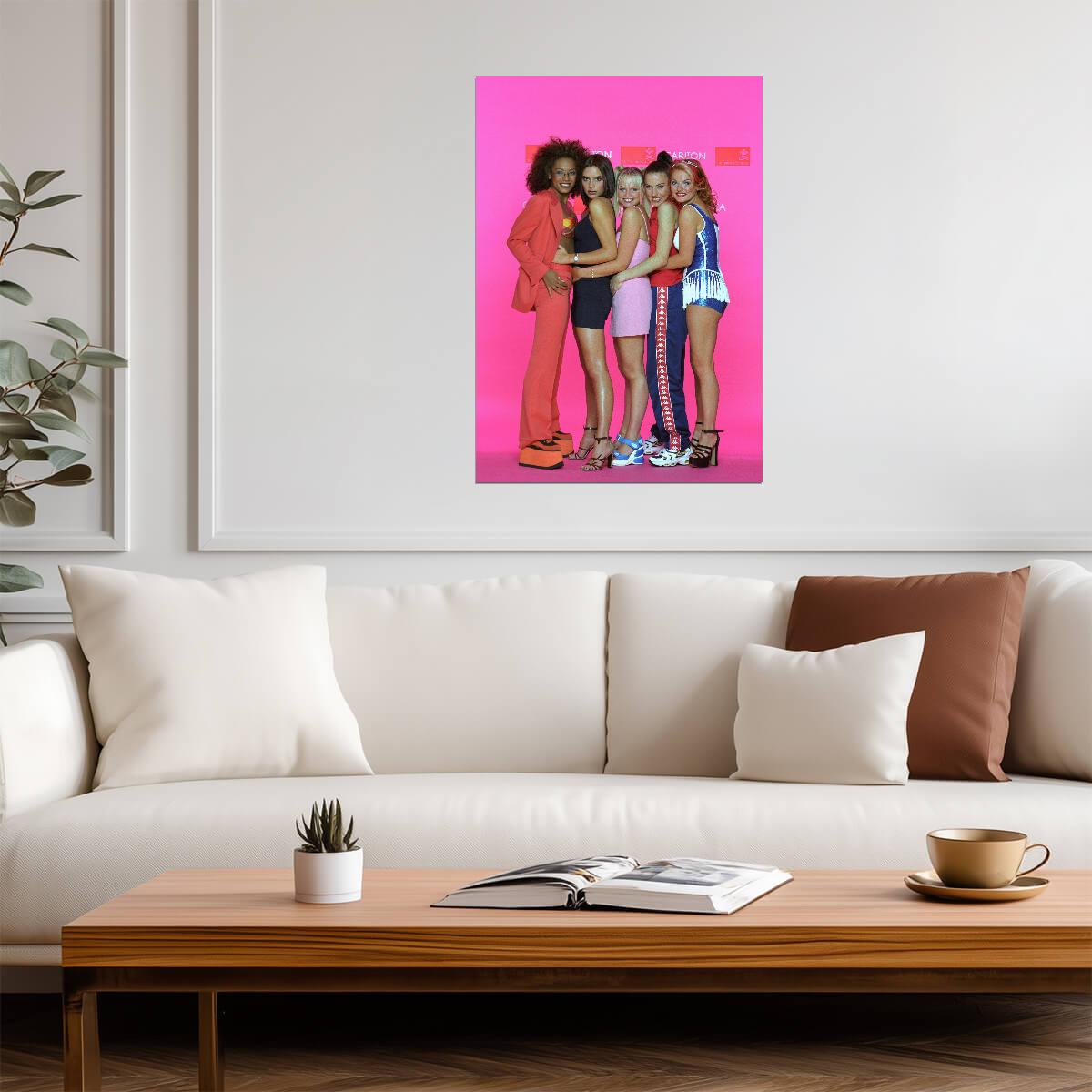Spice Girls 90s Fashion Photoshoot | Classic Pop Group Poster | Pink Background Vintage Print - Music Poster
