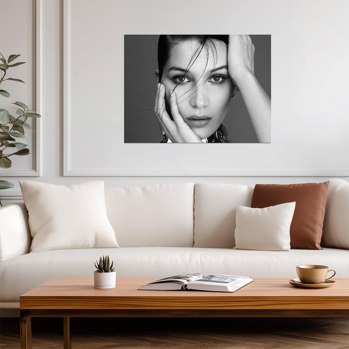Bella Hadid Black and White Portrait | Fashion Photography Poster | Modern Supermodel Wall Art - Celebrities Poster