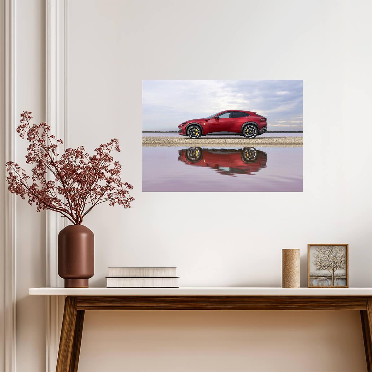 Ferrari Purosangue | Red Italian Super SUV Poster | Beach Reflection Photography - Cars Poster