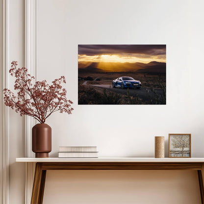Audi R8 V10 Plus (Gen 2) | Blue German Supercar Poster | Sports Car on Country Road at Sunset - Cars Poster