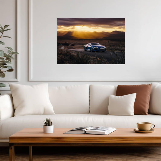 Audi R8 V10 Plus (Gen 2) | Blue German Supercar Poster | Sports Car on Country Road at Sunset - Cars Poster