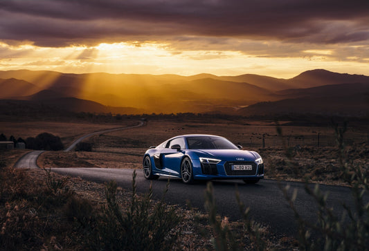 Audi R8 V10 Plus (Gen 2) | Blue German Supercar Poster | Sports Car on Country Road at Sunset - Cars Poster