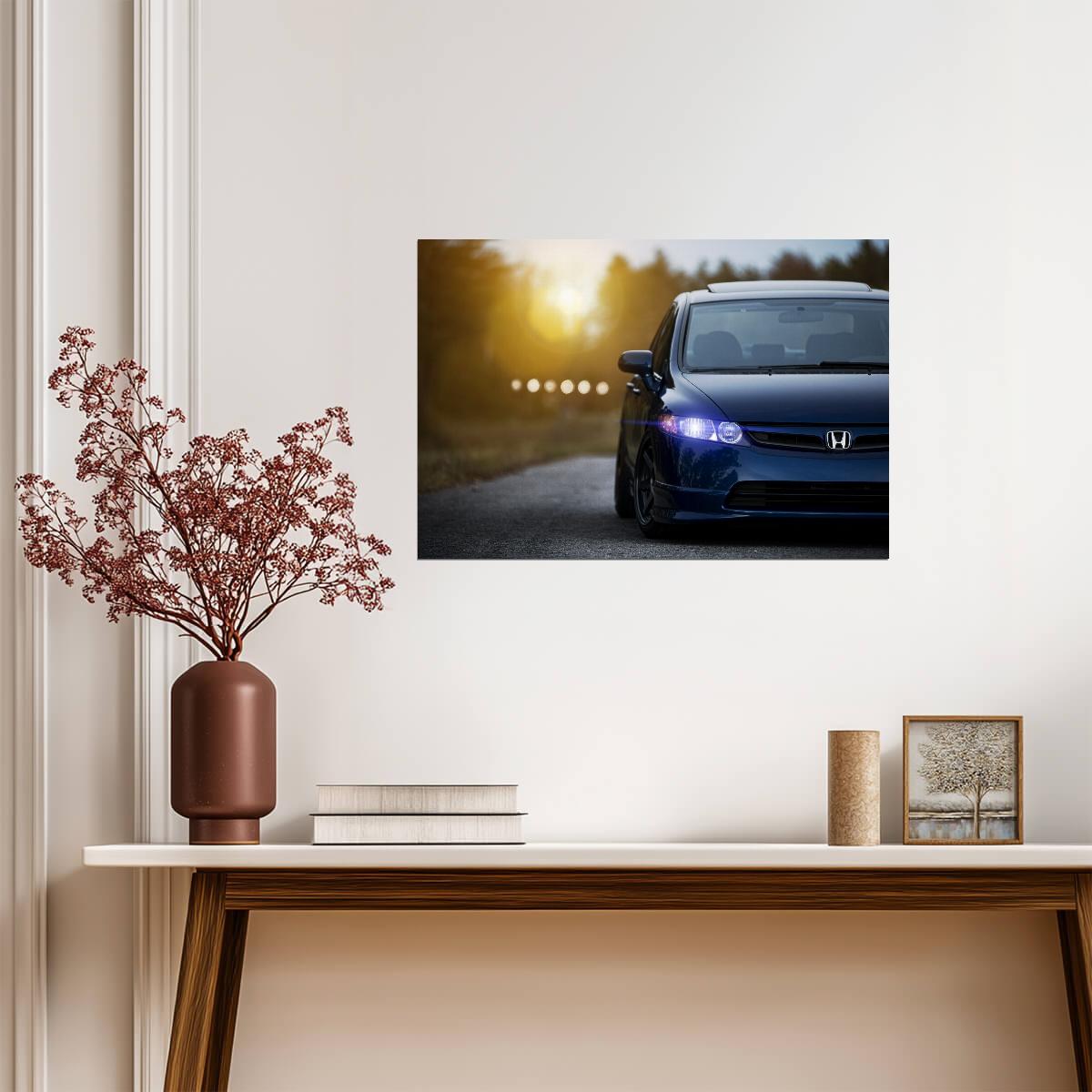 Honda Civic 8th Gen Sedan | Automotive Photography Poster | Blue JDM Car at Sunset - Cars Poster