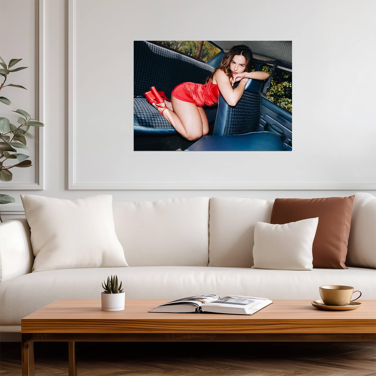Addison Rae Red Dress Car | Celebrity Poster | TikTok Influencer Photo - Celebrities Poster