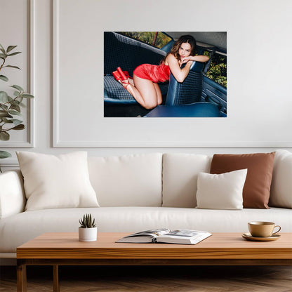 Addison Rae Red Dress Car | Celebrity Poster | TikTok Influencer Photo - Celebrities Poster