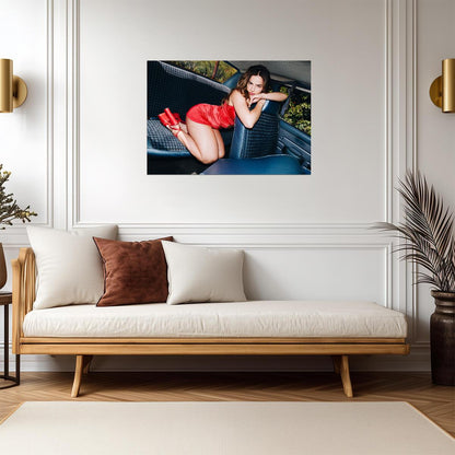 Addison Rae Red Dress Car | Celebrity Poster | TikTok Influencer Photo - Celebrities Poster