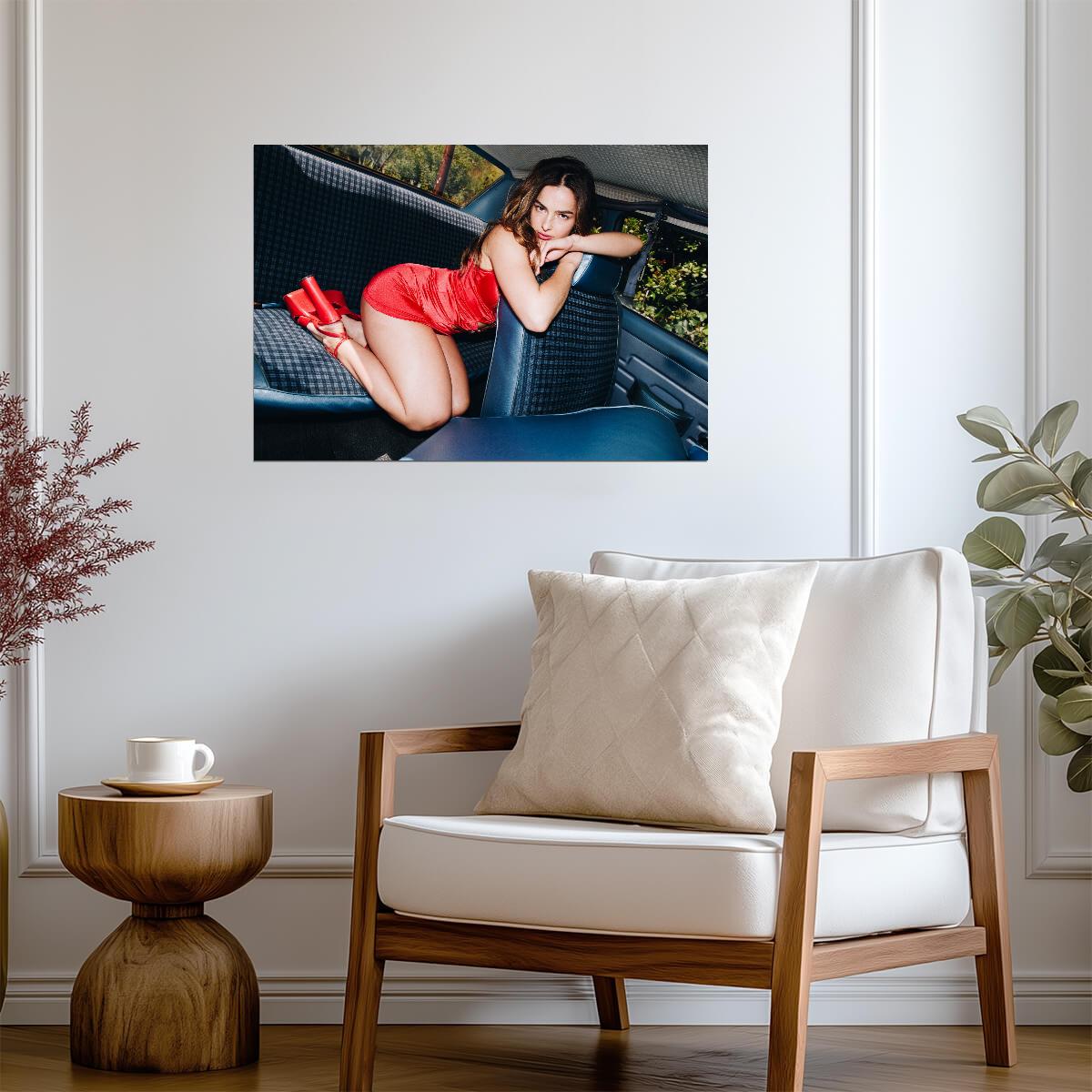 Addison Rae Red Dress Car | Celebrity Poster | TikTok Influencer Photo - Celebrities Poster