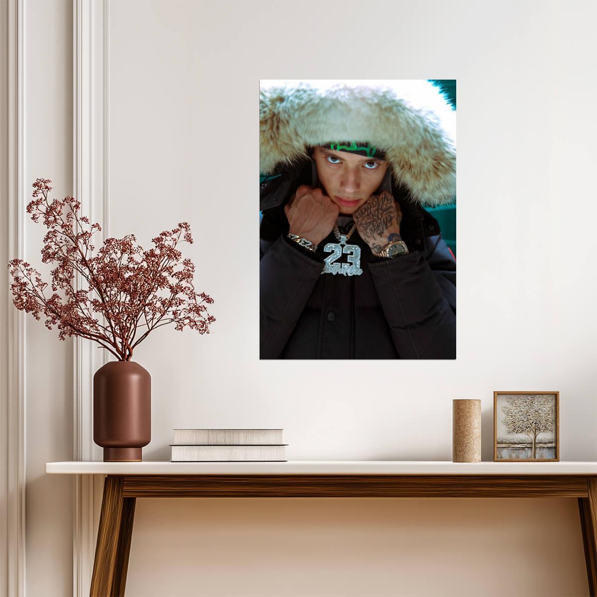 Central Cee in Fur Hood Jacket | Close Up Portrait Poster | UK Rap Star 23 Chain - Music Poster