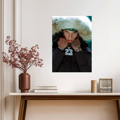 Central Cee in Fur Hood Jacket | Close Up Portrait Poster | UK Rap Star 23 Chain - Music Poster
