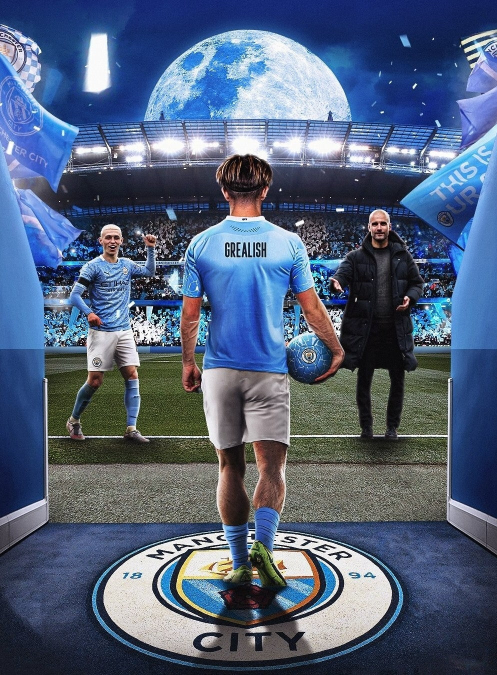 Jack Grealish Manchester City | Blue Moon Soccer Poster | Etihad Stadium Wall Art - Sports Poster