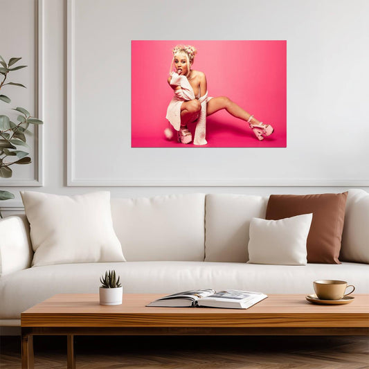 Doja Cat Pink Outfit Photoshoot | Space Buns Tongue Out Poster | Pop Star Wall Art - Music Poster