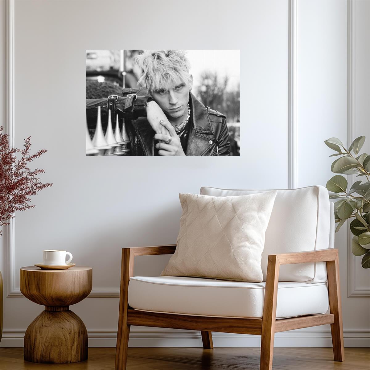 Machine Gun Kelly MGK in Leather Jacket | Black and White Music Poster | Pop Punk Wall Art - Music Poster