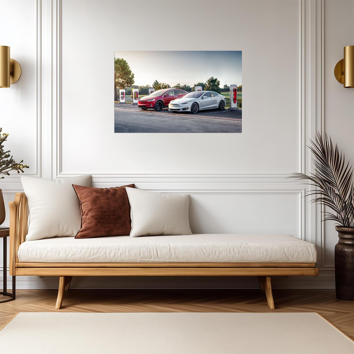 Tesla Model S and Model X | Electric Cars at Supercharger Station | EV Charging Poster - Cars Poster