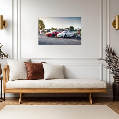Tesla Model S and Model X | Electric Cars at Supercharger Station | EV Charging Poster - Cars Poster