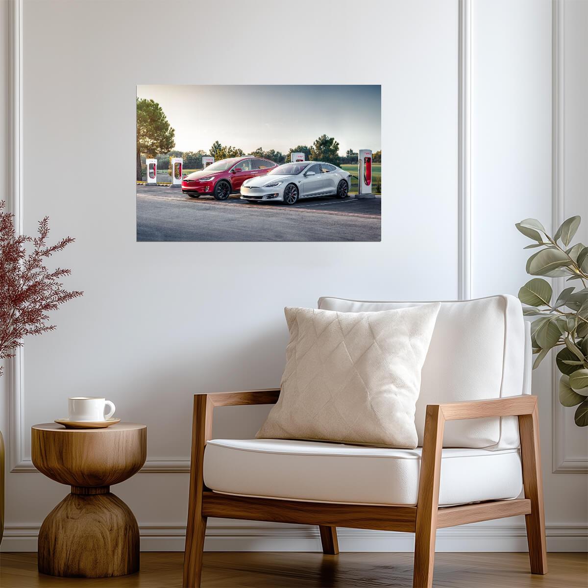 Tesla Model S and Model X | Electric Cars at Supercharger Station | EV Charging Poster - Cars Poster