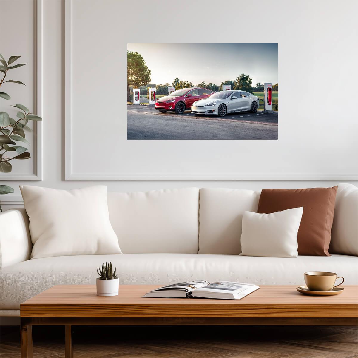 Tesla Model S and Model X | Electric Cars at Supercharger Station | EV Charging Poster - Cars Poster