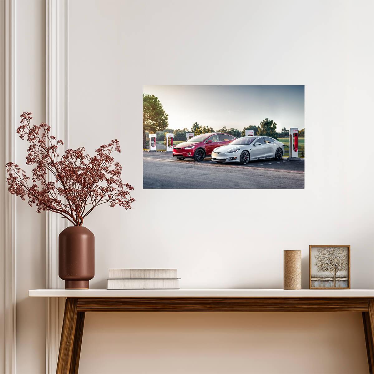 Tesla Model S and Model X | Electric Cars at Supercharger Station | EV Charging Poster - Cars Poster