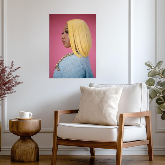 Megan Thee Stallion Yellow Bob Wig | Pink Background Poster | Hip Hop Star Fashion Art - Music Poster