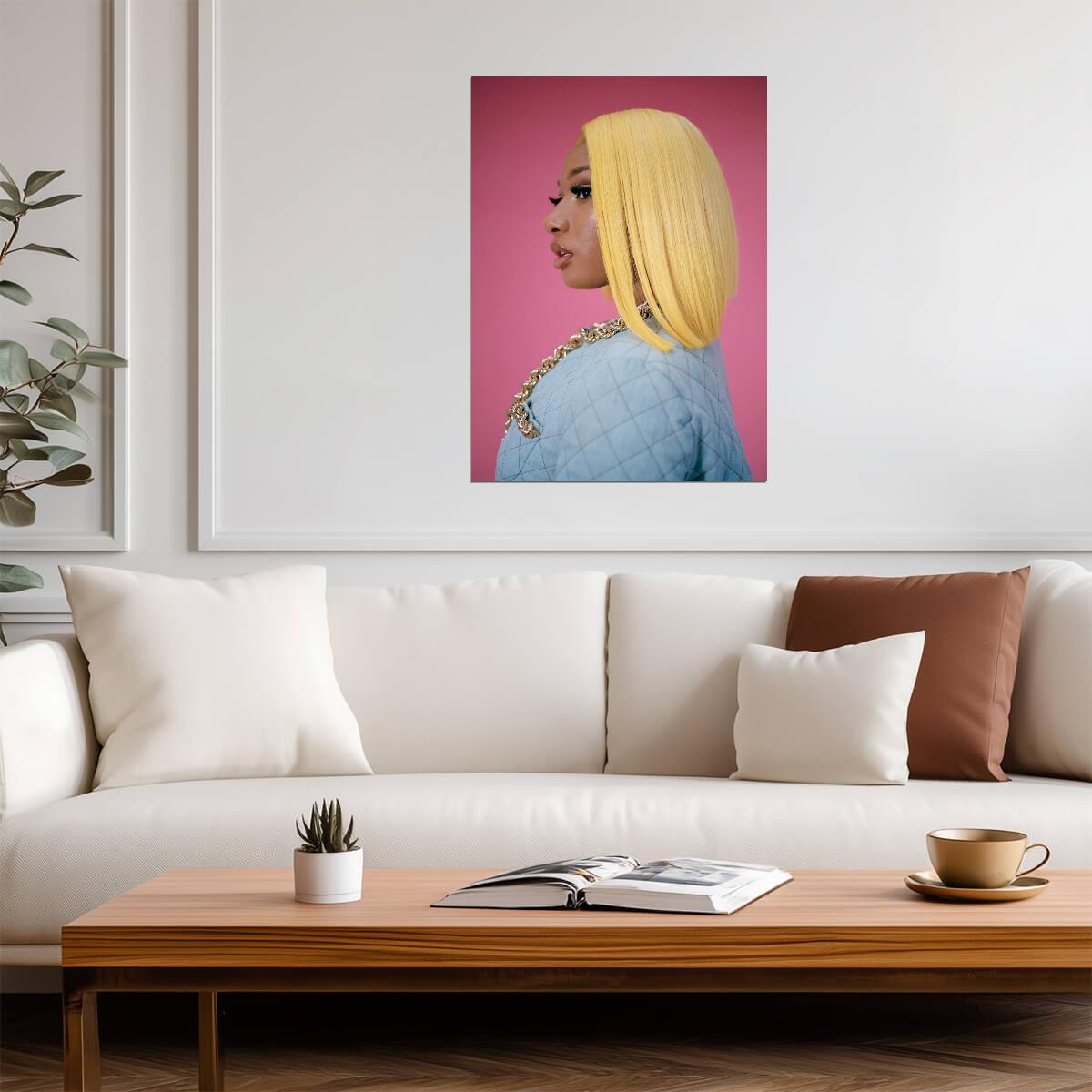 Megan Thee Stallion Yellow Bob Wig | Pink Background Poster | Hip Hop Star Fashion Art - Music Poster