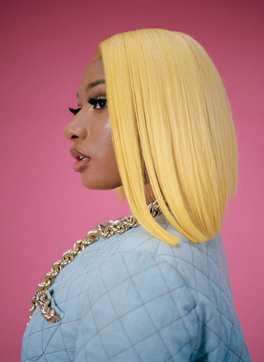 Megan Thee Stallion Yellow Bob Wig | Pink Background Poster | Hip Hop Star Fashion Art - Music Poster