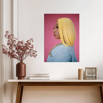 Megan Thee Stallion Yellow Bob Wig | Pink Background Poster | Hip Hop Star Fashion Art - Music Poster